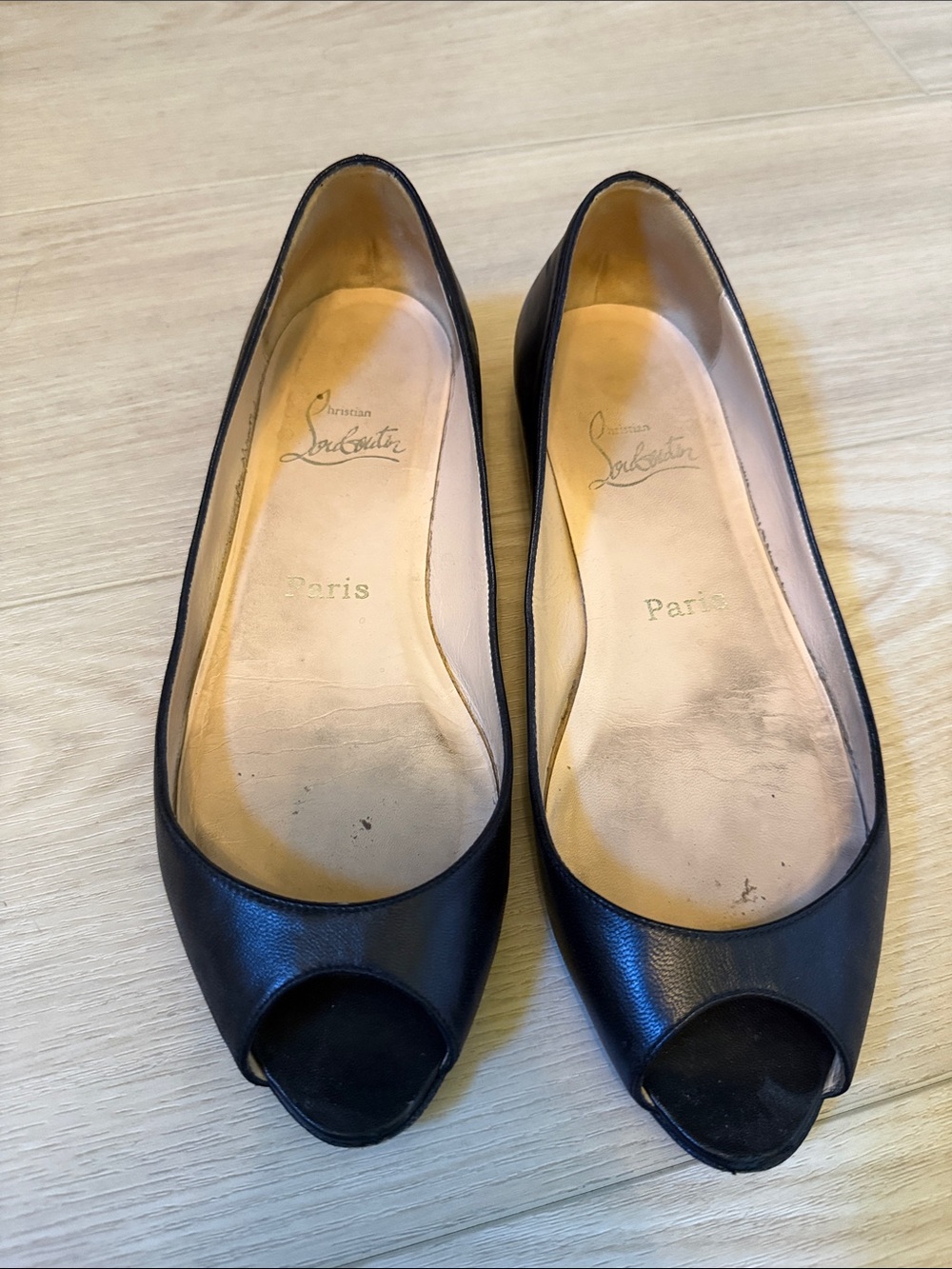 Christian Louboutin Black Leather Peep-Toe Flats